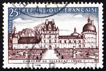 FRANCE - CIRCA 1957: a stamp printed in the France shows Chateau de Valencay, Indre, circa 1957のeditorial素材