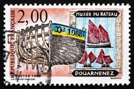 FRANCE - CIRCA 1988: a stamp printed in the France shows Old Ships, Ship Museum, Douarnenez, circa 1988のeditorial素材