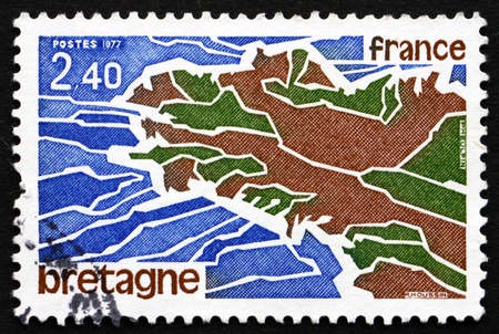 FRANCE - CIRCA 1977: a stamp printed in the France shows Map of Brittany, a Cultural Region in the North-west France, circa 1977のeditorial素材