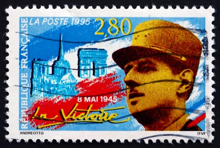 FRANCE - CIRCA 1995: a stamp printed in the France shows French Soldier, 50th Anniversary of the End of World War II, circa 1995のeditorial素材