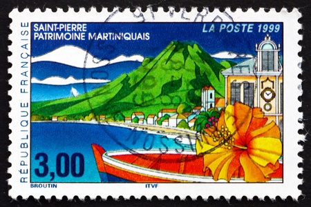 FRANCE - CIRCA 1999: a stamp printed in the France shows View of Saint Pierre, Martinique, circa 1999のeditorial素材