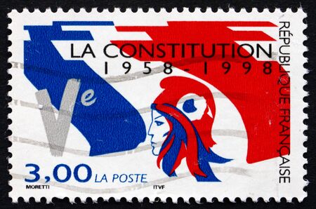 FRANCE - CIRCA 1998: a stamp printed in the France shows French Flag, 5th Republic, 40th Anniversary, circa 1998のeditorial素材