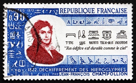 FRANCE - CIRCA 1972: a stamp printed in the France shows Champollion, Rosetta Stone with Key Inscription, Sesquicentennial of the Deciphering of Hieroglyphs, circa 1972のeditorial素材