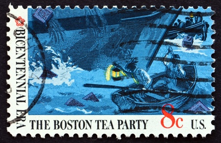 UNITED STATES OF AMERICA - CIRCA 1973: a stamp printed in the USA shows Boats and Ships Hull, Boston Tea Party, circa 1973のeditorial素材