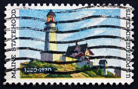 UNITED STATES OF AMERICA - CIRCA 1970: a stamp printed in the USA shows Lighthouse at Two Lights, Maine, Painting by Edward Hopper, circa 1970のeditorial素材