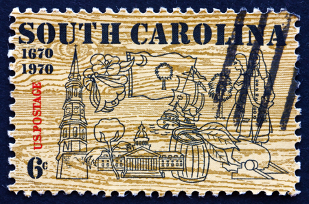 UNITED STATES OF AMERICA - CIRCA 1970: a stamp printed in the USA shows Symbols of South Carolina, 300th Anniversary of the Founding of Charleston, circa 1970のeditorial素材