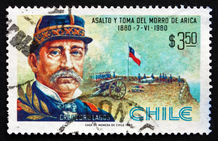 CHILE - CIRCA 1980: a stamp printed in the Chile shows Gen. Pedro Lagos, Battle Scene, Painting by Pedro Subercaseaux, Battle of Morro de Arica Centenary, circa 1980のeditorial素材