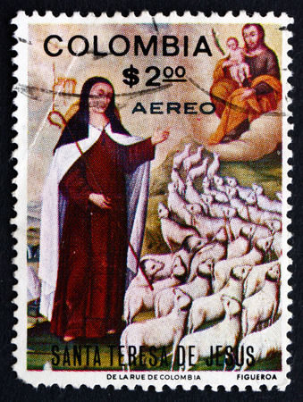 COLOMBIA - CIRCA 1970: a stamp printed in the Colombia shows St. Theresa, Painting by Baltazar de Figueroa, Elevation of St. Theresa to Doctor of the Church, circa 1970のeditorial素材