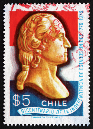 CHILE - CIRCA 1976: a stamp printed in the Chile shows George Washington, Bust, American Bicentennial, circa 1976のeditorial素材