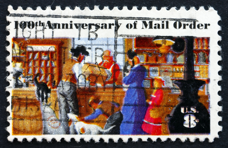 USA - CIRCA 1972: a stamp printed in the USA shows Rural Post Office Store, Centenary of Mail Order Business Originated by Aaron Montgomery Ward, Chicago, circa 1972のeditorial素材