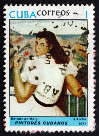 CUBA - CIRCA 1977: a stamp printed in the Cuba shows Portrait of Mary, Painting by Jorge Arche, National Museum, circa 1977のeditorial素材