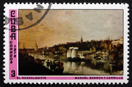 CUBA - CIRCA 1976: a stamp printed in the Cuba shows Guadalquivir River, Painting by Manuel Barron y Carrillo, National Museum, circa 1976のeditorial素材
