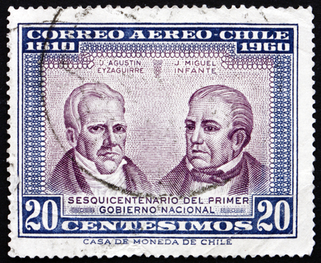 CHILE - CIRCA 1964: a stamp printed in the Chile shows Jose Agustin Eyzaguirre and Jose Miguel Infante, Politician, circa 1964のeditorial素材