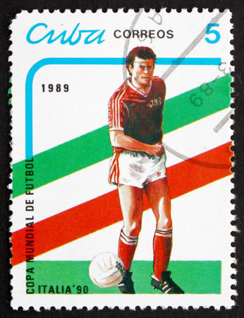 CUBA - CIRCA 1989: a stamp printed in the Cuba shows Soccer Players in Action, 1982 World Cup Soccer Championships, Italy, circa 1989のeditorial素材