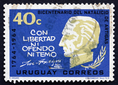 URUGUAY - CIRCA 1965: a stamp printed in the Uruguay shows Jose Gervasio Artigas Arnal National Hero of Uruguay, General and Patriot, circa 1965のeditorial素材