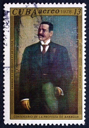 CUBA - CIRCA 1978: a stamp printed in the Cuba shows Antonio Maceo, Painting by Aurelio Melero, Centenary of Baragua Protest, circa 1978のeditorial素材