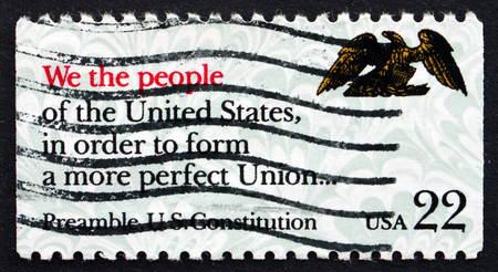UNITED STATES OF AMERICA - CIRCA 1987: a stamp printed in the USA shows Preamble, US Constitution, Drafting of the Constitution Bicentennial, We the People, circa 1987のeditorial素材