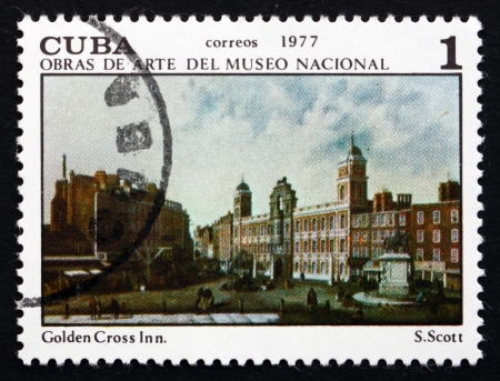 CUBA - CIRCA 1977: a stamp printed in the Cuba shows Golden Cross Inn, Painting by Samuel Scott, National Museum, circa 1977のeditorial素材