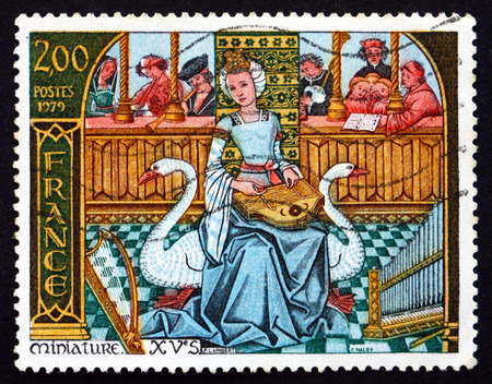 FRANCE - CIRCA 1979: a stamp printed in the France shows Music, 15th Century Miniature, circa 1979のeditorial素材