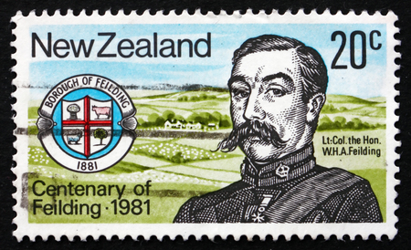 NEW ZEALAND - CIRCA 1981: a stamp printed in the New Zealand shows Henry A. Feilding, Borough Emblem, Borough of Feilding Centenary, circa 1981のeditorial素材