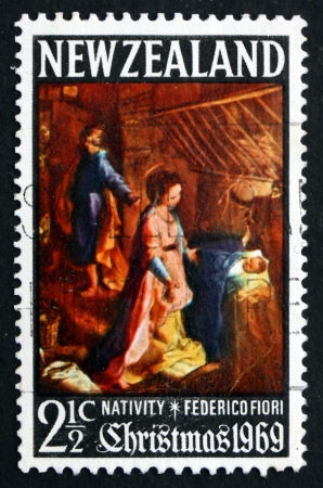 NEW ZEALAND - CIRCA 1969: a stamp printed in the New Zealand shows Nativity, Painting by Federico Fiori, Christmas, circa 1969のeditorial素材