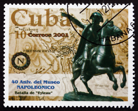 CUBA - CIRCA 2001: a stamp printed in the Cuba shows Equestrian Statue of Napoleon and Map of Battle of Eylau, 40th Anniversary of Napoleonic Museum, circa 2001のeditorial素材