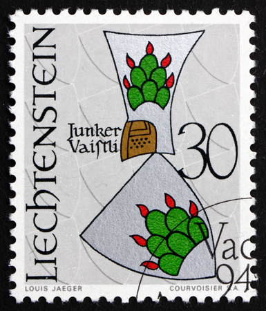 LIECHTENSTEIN - CIRCA 1966: a stamp printed in the Liechtenstein shows Arms of Vaistli Knights, circa 1966のeditorial素材