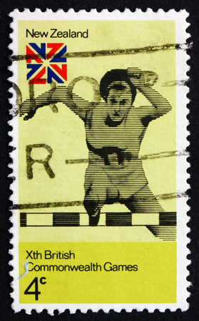 NEW ZEALAND - CIRCA 1974: a stamp printed in the New Zealand shows Hurdles, 10th British Commonwealth Games, Christchurch, circa 1974のeditorial素材