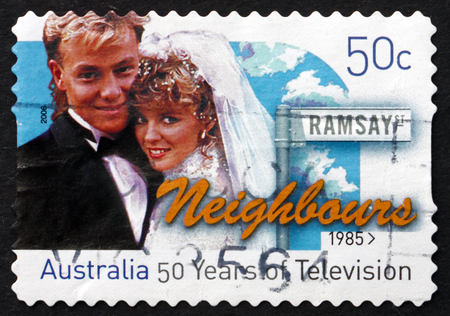 AUSTRALIA - CIRCA 2006: a stamp printed in the Australia shows Neighbours, Television Show, 50th Anniversary of Television in Australia, circa 2006のeditorial素材
