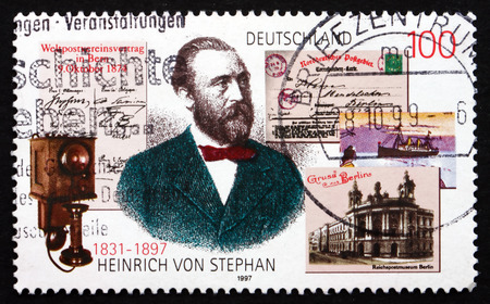 GERMANY - CIRCA 1997: a stamp printed in the Germany shows Heinrich von Stephan, General Post Director for the German Empire, circa 1997のeditorial素材