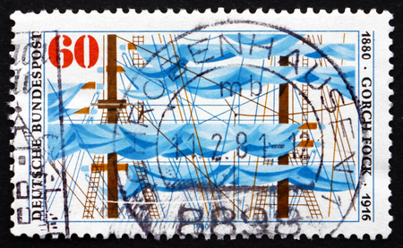 GERMANY - CIRCA 1980: a stamp printed in the Germany shows Ship's Rigging, Gorch Fock, Pen Name of Johan Kinau, Poet and Dramatist, circa 1980のeditorial素材