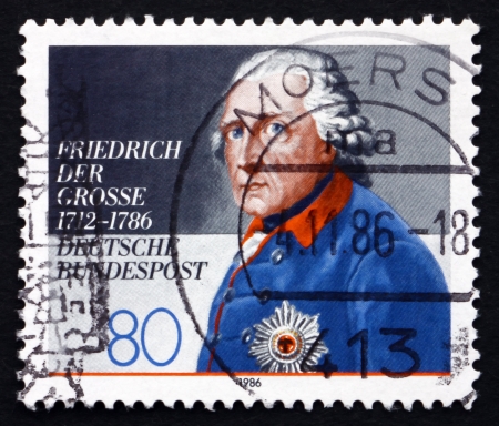 GERMANY - CIRCA 1986: a stamp printed in the Germany shows Frederick the Great, King of Prussia, circa 1986のeditorial素材
