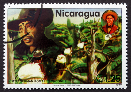 NICARAGUA - CIRCA 1980: a stamp printed in Nicaragua shows German Pomares Ordonez, Revolutionary, circa 1980のeditorial素材