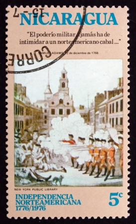 NICARAGUA - CIRCA 1975: a stamp printed in Nicaragua shows Boston Massacre, American Bicentennial, circa 1975のeditorial素材