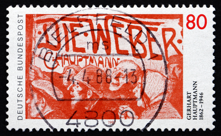 GERMANY - CIRCA 1987: a stamp printed in the Germany shows Gerhart Hauptmann, Dramatist, Novelist and Playwright, Nobel Laureate, circa 1987のeditorial素材