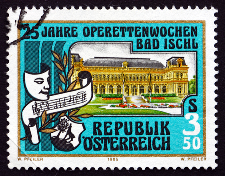 AUSTRIA - CIRCA 1985: a stamp printed in the Austria shows Kurhaus, Bad Ischl Operetta Activities Emblem, Bad Ischl Festival, 25th Anniversary, circa 1985のeditorial素材