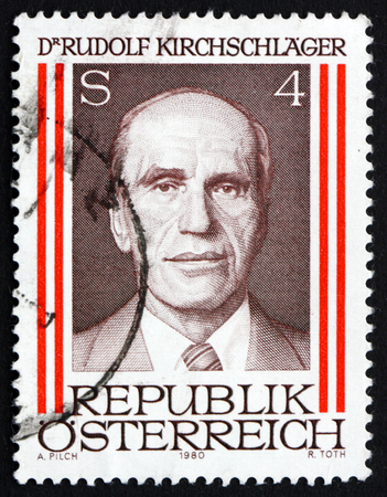 AUSTRIA - CIRCA 1980: a stamp printed in the Austria shows Rudolph Kirchschlager, 8th President of Austria, circa 1980のeditorial素材