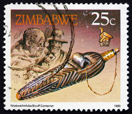 ZIMBABWE - CIRCA 1990: a stamp printed in Zimbabwe shows Snuff Box, circa 1990のeditorial素材