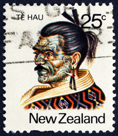 NEW ZEALAND - CIRCA 1980: a stamp printed in the New Zealand shows Te Hau Takiri Wharepapa, Maori Leader, circa 1980のeditorial素材