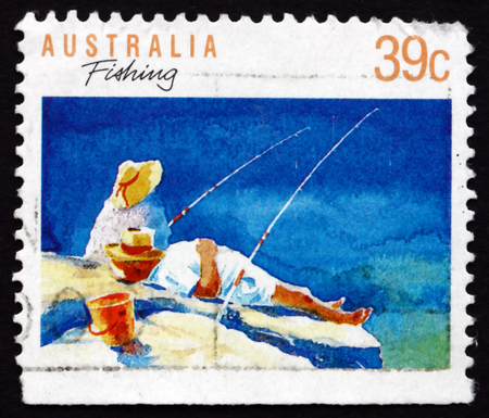 AUSTRALIA - CIRCA 1989: a stamp printed in the Australia shows Fishing, Sport and Recreation, circa 1989のeditorial素材