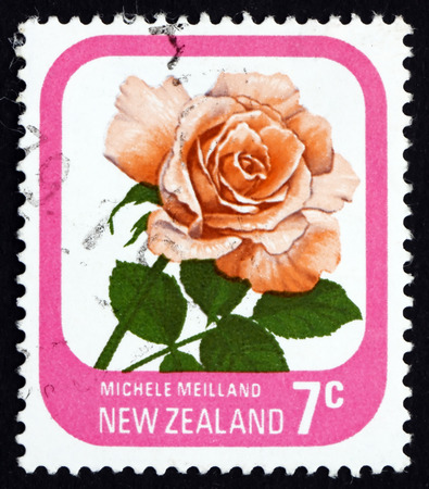 NEW ZEALAND - CIRCA 1976: a stamp printed in the New Zealand shows Michele Meilland, Rose Flower, Hybrid Tea, circa 1976のeditorial素材