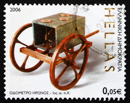 GREECE - CIRCA 2006: a stamp printed in the Greece shows Odometer, by Hero of Alexandria, Ancient Greek Technology, circa 2006のeditorial素材