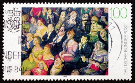GERMANY - CIRCA 1993: a stamp printed in the Germany shows Audience, Painting by Andreas Paul Weber, circa 1993のeditorial素材