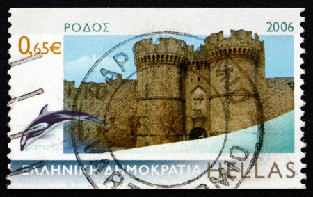 GREECE - CIRCA 2006: a stamp printed in the Greece shows Rhodes, Island View, Palace of the Grand Master, circa 2006のeditorial素材
