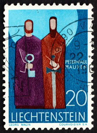 LIECHTENSTEIN - CIRCA 1967: a stamp printed in the Liechtenstein shows Peter and Paul, Patron Saints of Mauren, circa 1967のeditorial素材