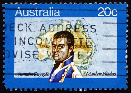 AUSTRALIA - CIRCA 1980: a stamp printed in the Australia shows Matthew Flinders, Navigator and Cartographer, Map of Australia, Australia Day, circa 1980のeditorial素材