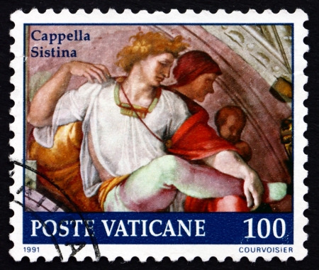 VATICAN - CIRCA 1991: a stamp printed in the Vatican shows Eleazar with Wife, Michelangelo, Detail from Lunettes, Painting of the Sistine Chapel, circa 1991のeditorial素材
