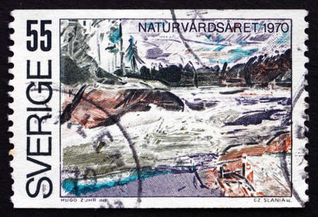SWEDEN - CIRCA 1970: a stamp printed in the Sweden shows Ljusman River Rapids, European Nature Conservation Year, circa 1970のeditorial素材