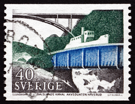 SWEDEN - CIRCA 1968: a stamp printed in the Sweden shows Dalsland Canal, Swedish Channel which Connect Lake Vanern with Southwestern Varmland Lake Districts, circa 1968のeditorial素材