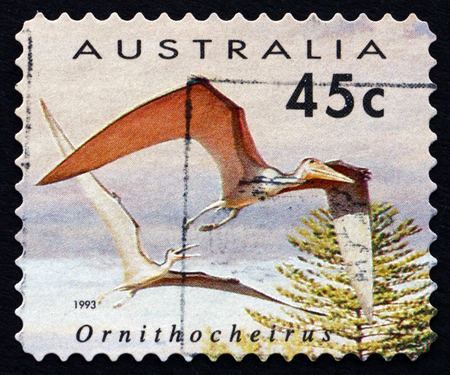 AUSTRALIA - CIRCA 1993: a stamp printed in the Australia shows Ornithocheirus, Pterosaur, Flying Dinosaur, circa 1993のeditorial素材